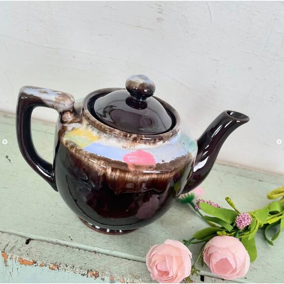 Vintage Lusterware Brown Drip Pottery Teapot for One Marked H32-39 Japan - Picture 3 of 6
